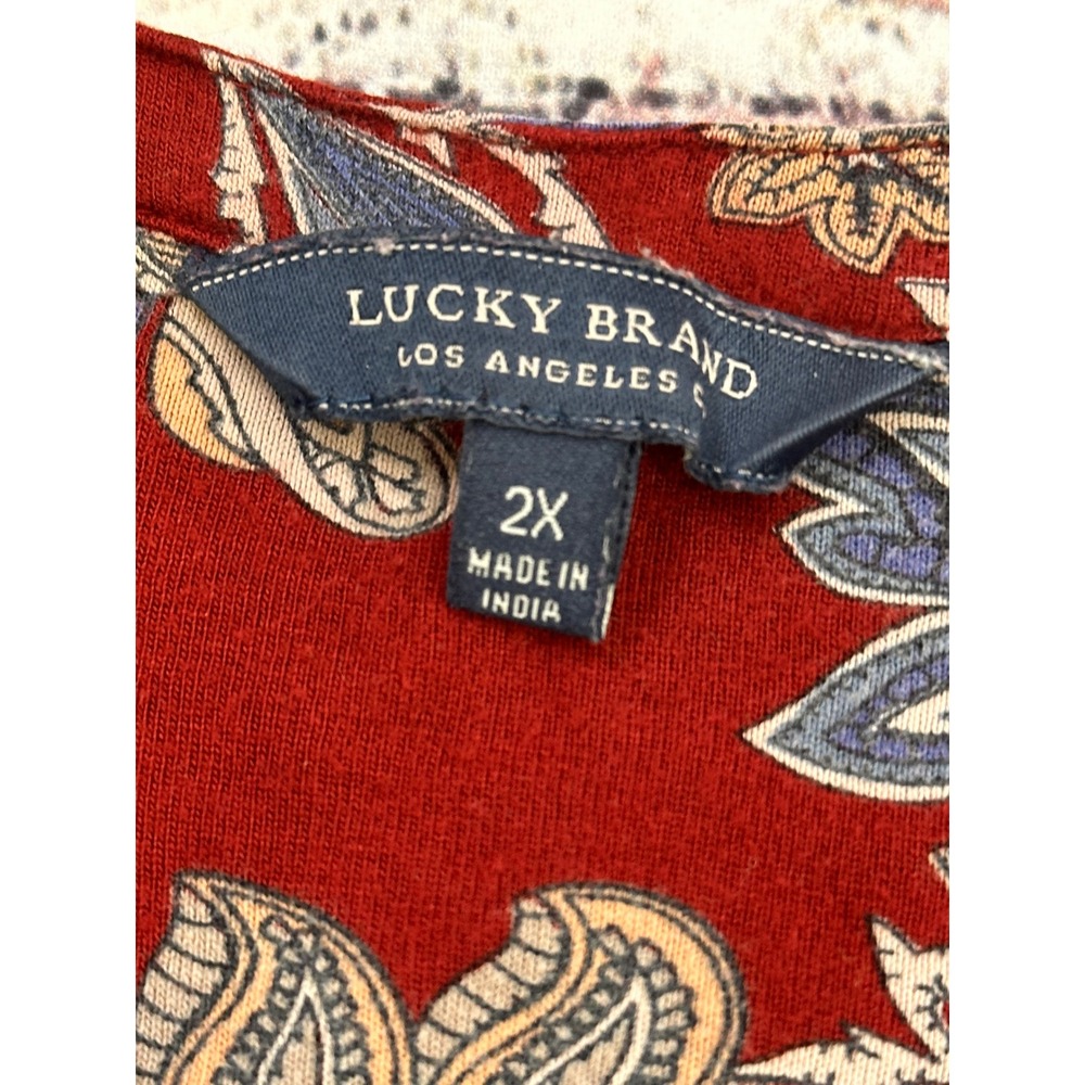 Lucky Brand Red Floral Boho Henley Tunic Blouse Plus Size 2X 3/4 Sleeve Border - Picture 3 of 14